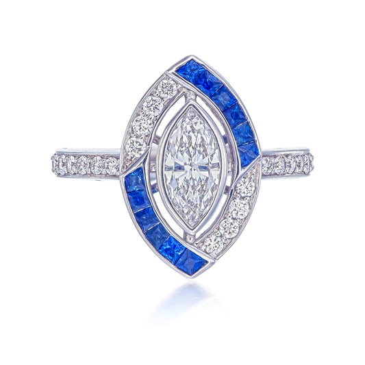 Cool Girl Art Deco Diamond and Blue Sapphire Ring