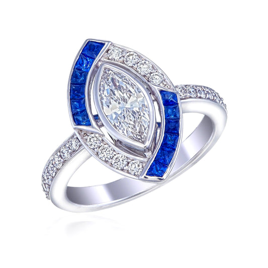 Cool Girl Art Deco Diamond and Blue Sapphire Ring