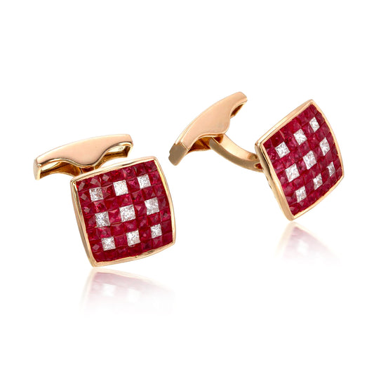 Pair of Ruby and Diamond Chequered Cufflinks