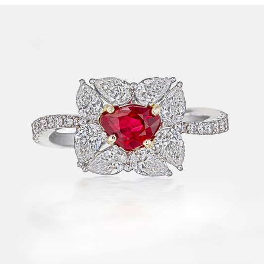 Unique Triangle Shaped Pigeon Blood Ruby And Diamond Ring