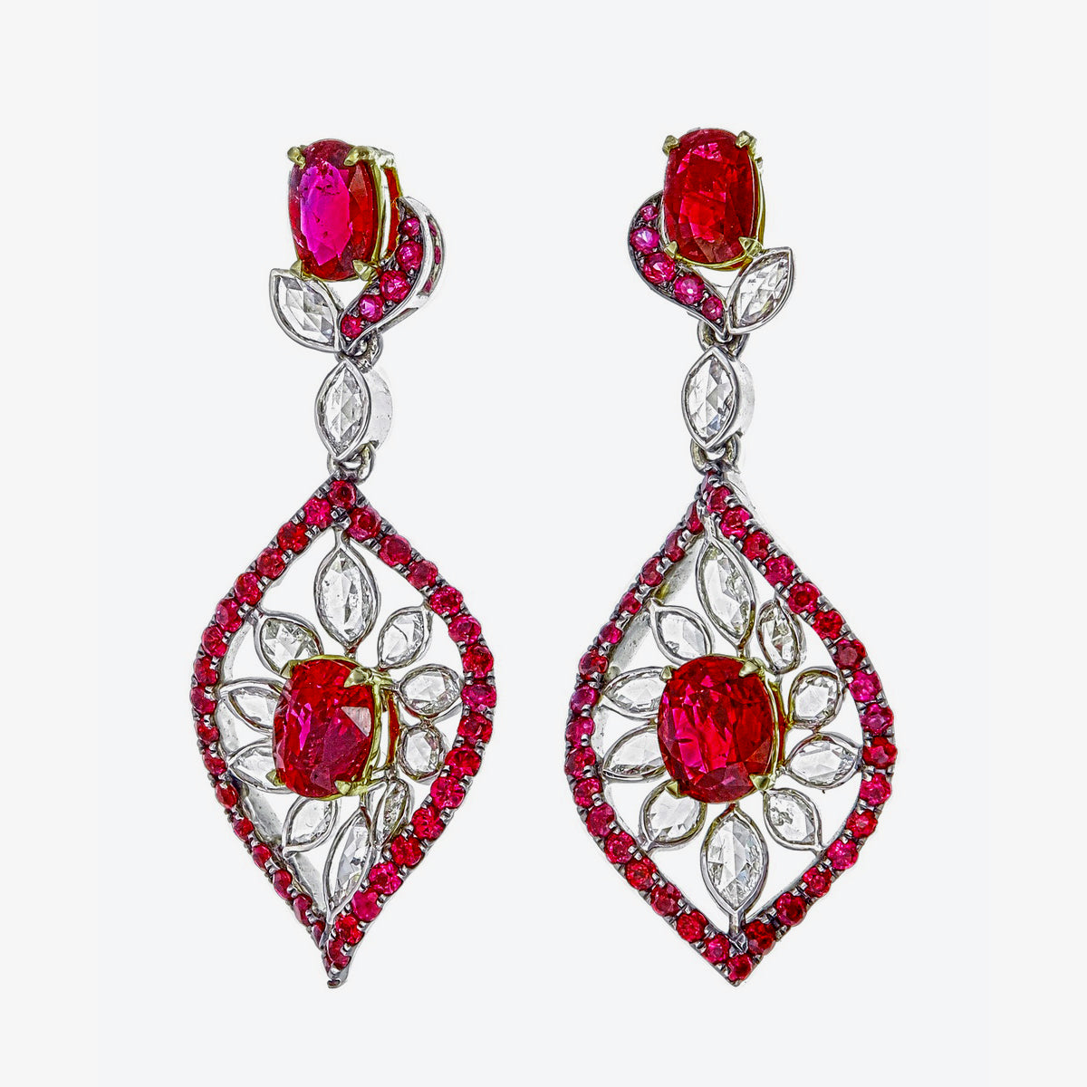 GRS Pigeon Blood 3.42 Carat Burmese No Heat Ruby and Diamond Earrings 18K Gold