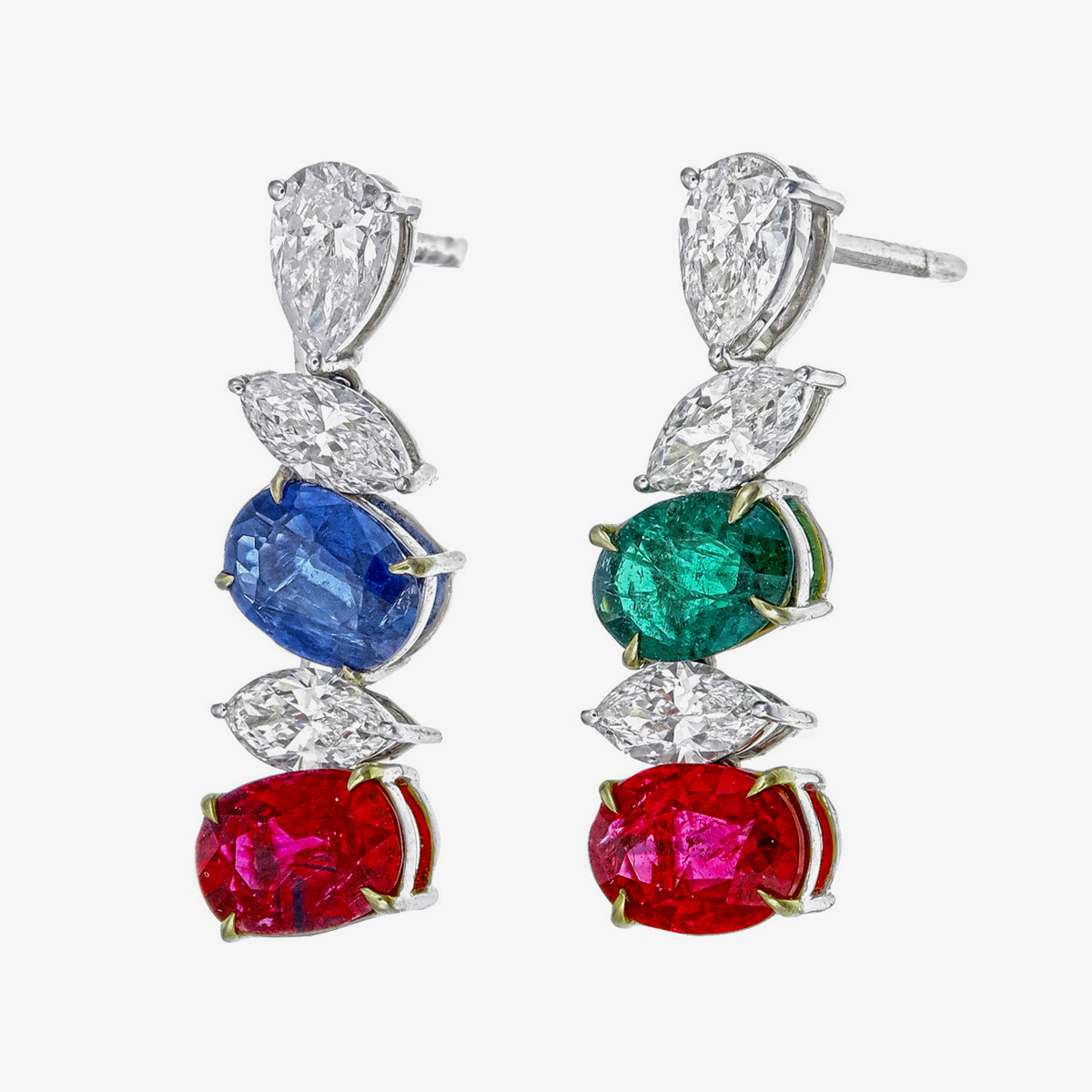 GRS Certified Burma Ruby Emerald Sapphire And Diamond Earrings In 18K WhiteGold
