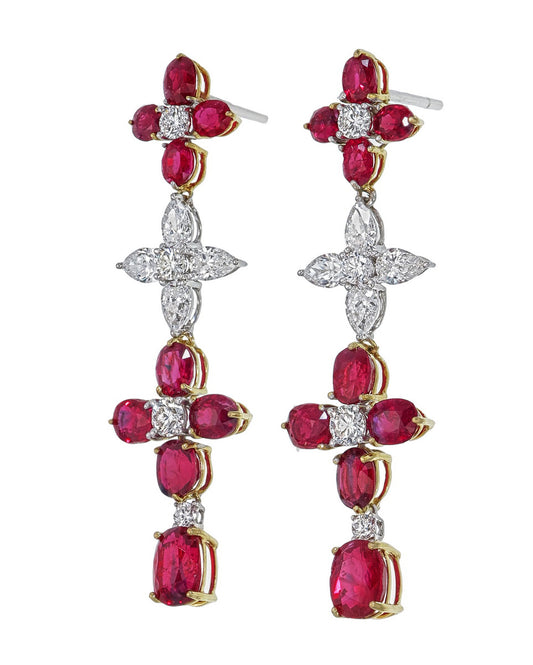 GRS Certified 7.37 Carat Burma No Heat Ruby and Diamond Chandelier Earrings