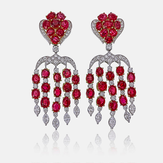 ICA Certified 15.28 Carat Burmese Unheated Ruby and Diamond Earring in 18K Gold
