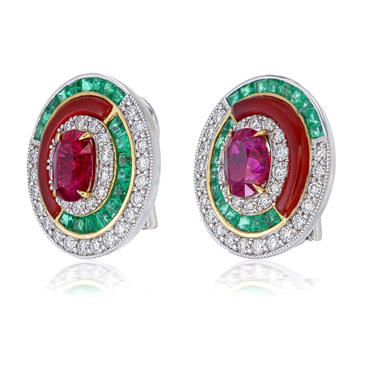 Red Onyx, Emerald, and Ruby Earrings