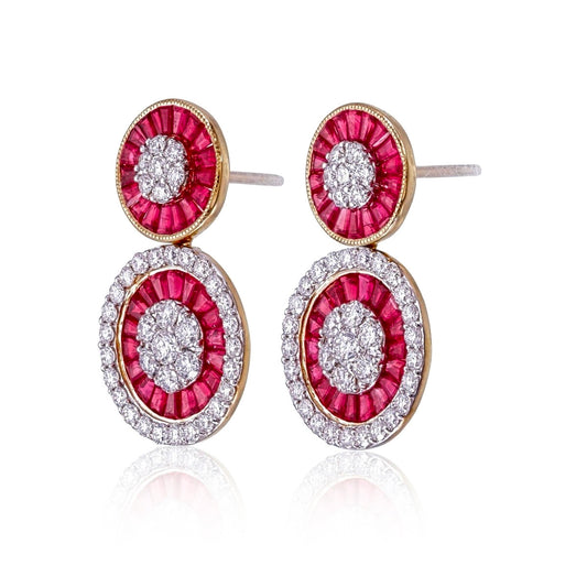 Ruby and Diamond Art Deco Circle Earrings