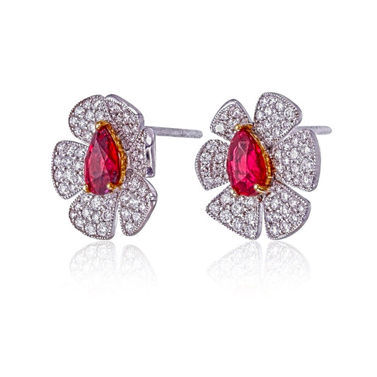 Pear Shape Ruby Flower Earrings