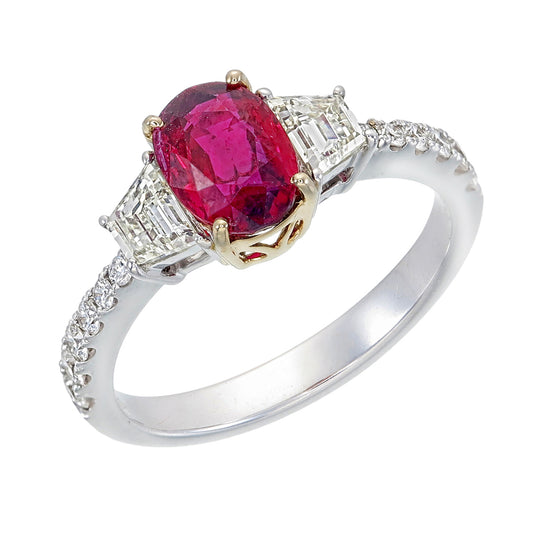 GRS Certified 1.58 Carat Burma No Heat Pigeon Blood Ruby Diamond Ring in 18K