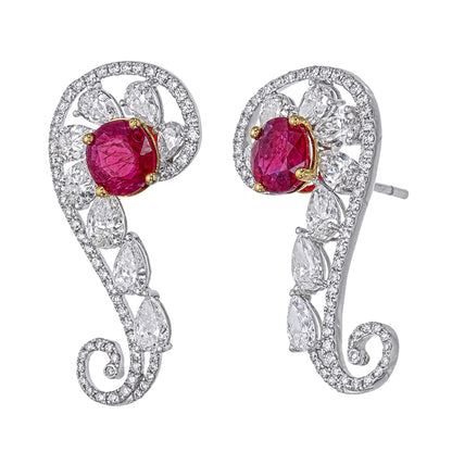 GIA Certified 2.58 Carat Pigeon Blood Burma No Heat Ruby Diamond Stud Earrings