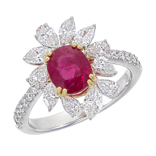 GRS Certified 1.50 Carat Burma No Heat Pigeon Blood Ruby Diamond Ring in 18K