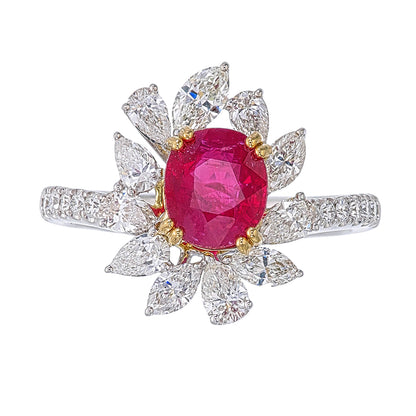 GRS Certified 1.50 Carat Burma No Heat Pigeon Blood Ruby Diamond Ring in 18K