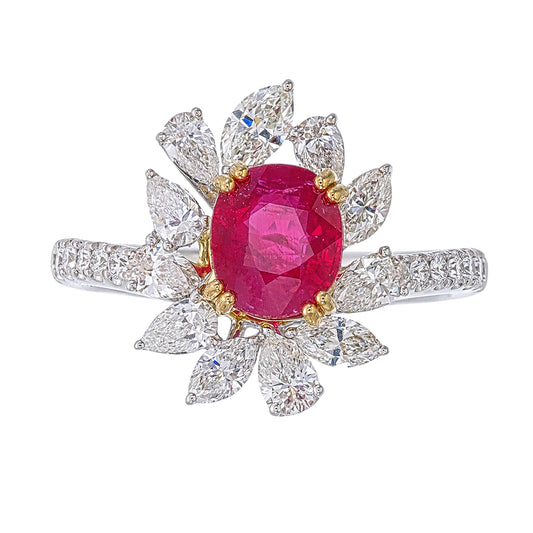 GRS Certified 1.50 Carat Burma No Heat Pigeon Blood Ruby Diamond Ring in 18K