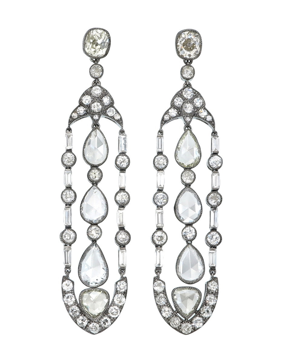 9.86 Carat Antique Style Diamond Dangling Earrings in 18K Gold