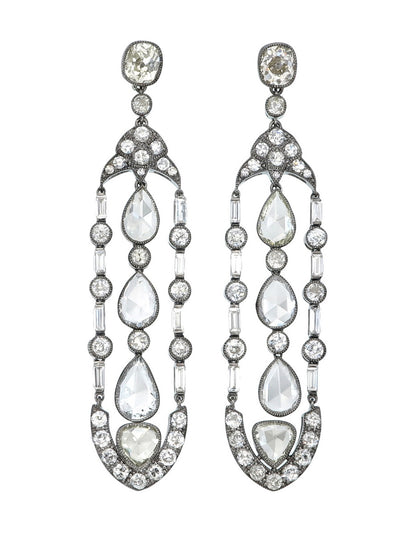 9.86 Carat Antique Style Diamond Dangling Earrings in 18K Gold
