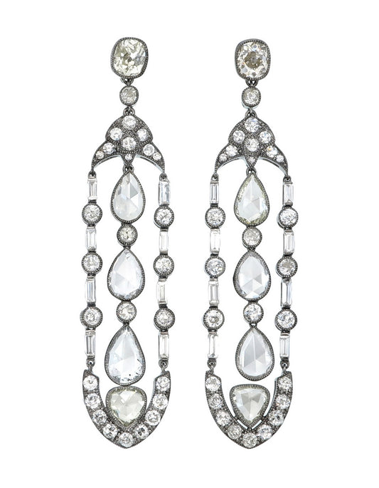 9.86 Carat Antique Style Diamond Dangling Earrings in 18K Gold