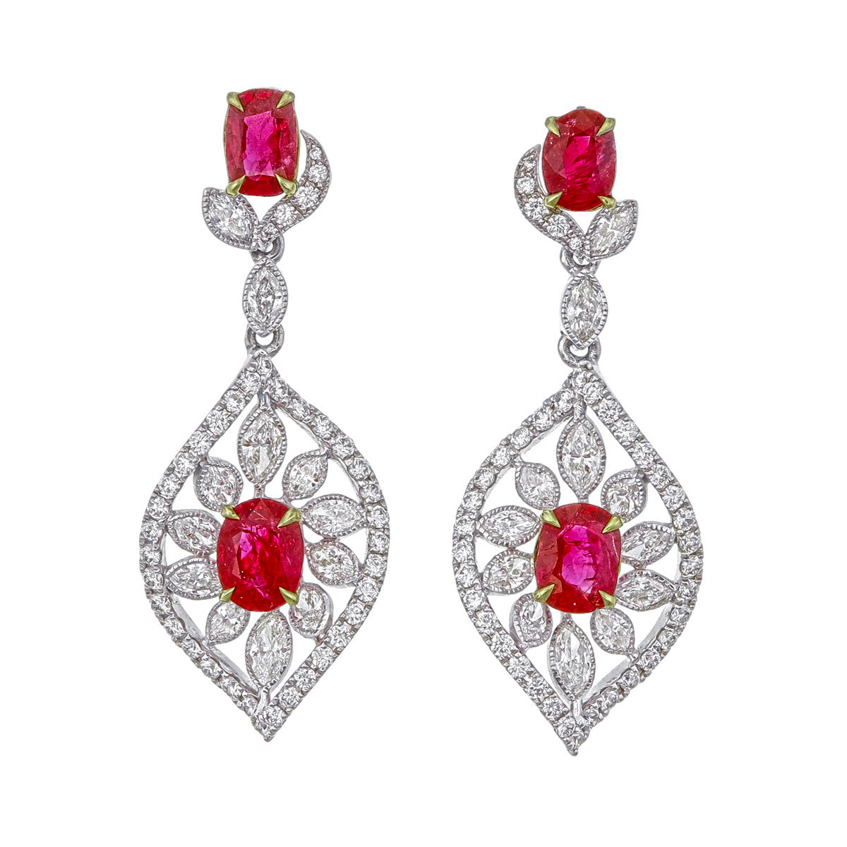 GRS Certified 3.22 Carat Burmese No Heat Pigeon Blood Ruby and Diamond Earrings in 18 karat white gold