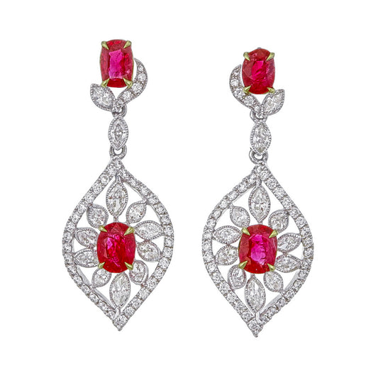 GRS Certified 3.22 Carat Burmese No Heat Pigeon Blood Ruby and Diamond Earrings in 18 karat white gold