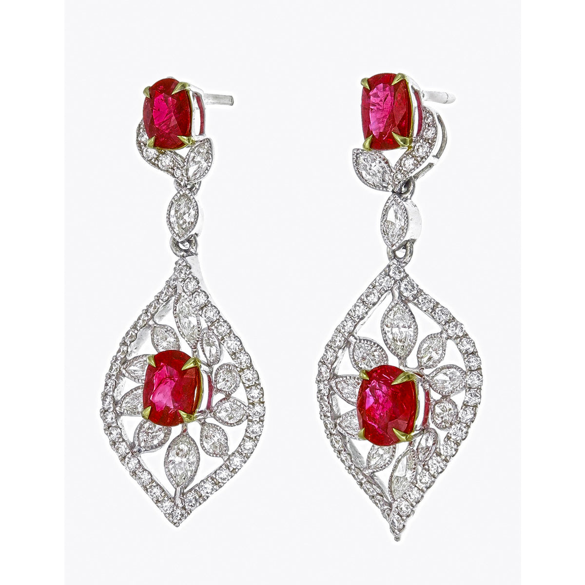 GRS Certified 3.22 Carat Burmese No Heat Pigeon Blood Ruby and Diamond Earrings in 18 karat white gold