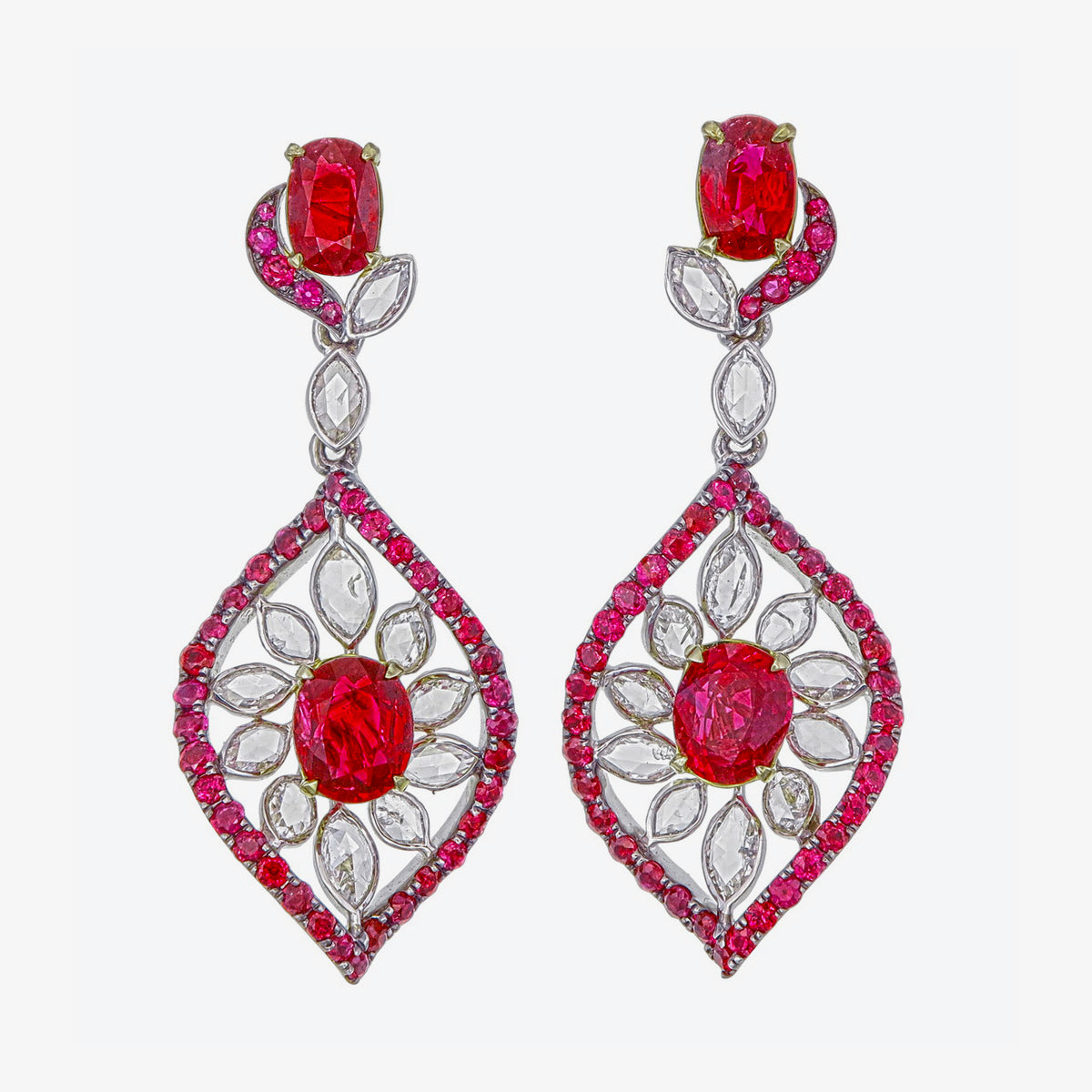 GRS Pigeon Blood 3.42 Carat Burmese No Heat Ruby and Diamond Earrings 18K Gold
