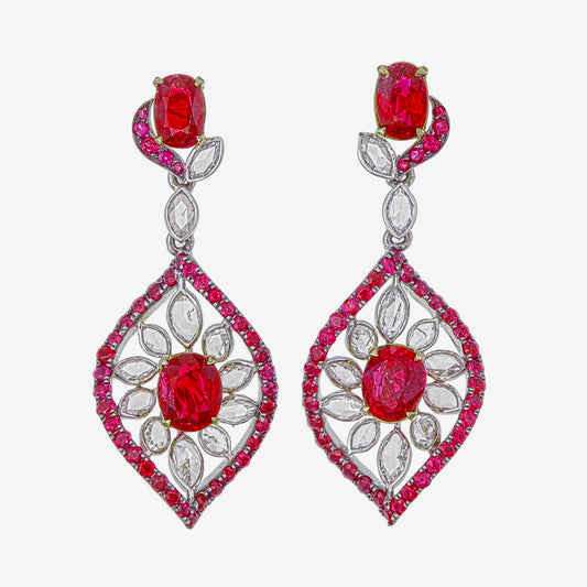 GRS Pigeon Blood 3.42 Carat Burmese No Heat Ruby and Diamond Earrings 18K Gold