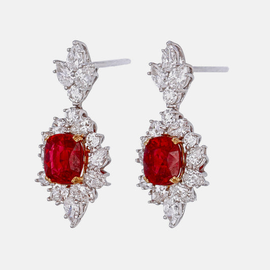 GRS Certified 2.44 Carat Burma Pigeon Blood Ruby And Diamond Earrings In 18 karat White Gold