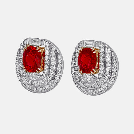 GRS Certified 2.44 Carat Burmese Pigeon Blood Ruby And Diamond Earrings In 18 Karat White Gold