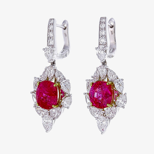 GRS Certified 7.88 Carat Burmes Ruby And Diamond Earrings In 18 Karat White Gold