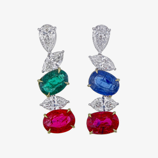 GRS Certified Burma Ruby Emerald Sapphire And Diamond Earrings In 18K WhiteGold
