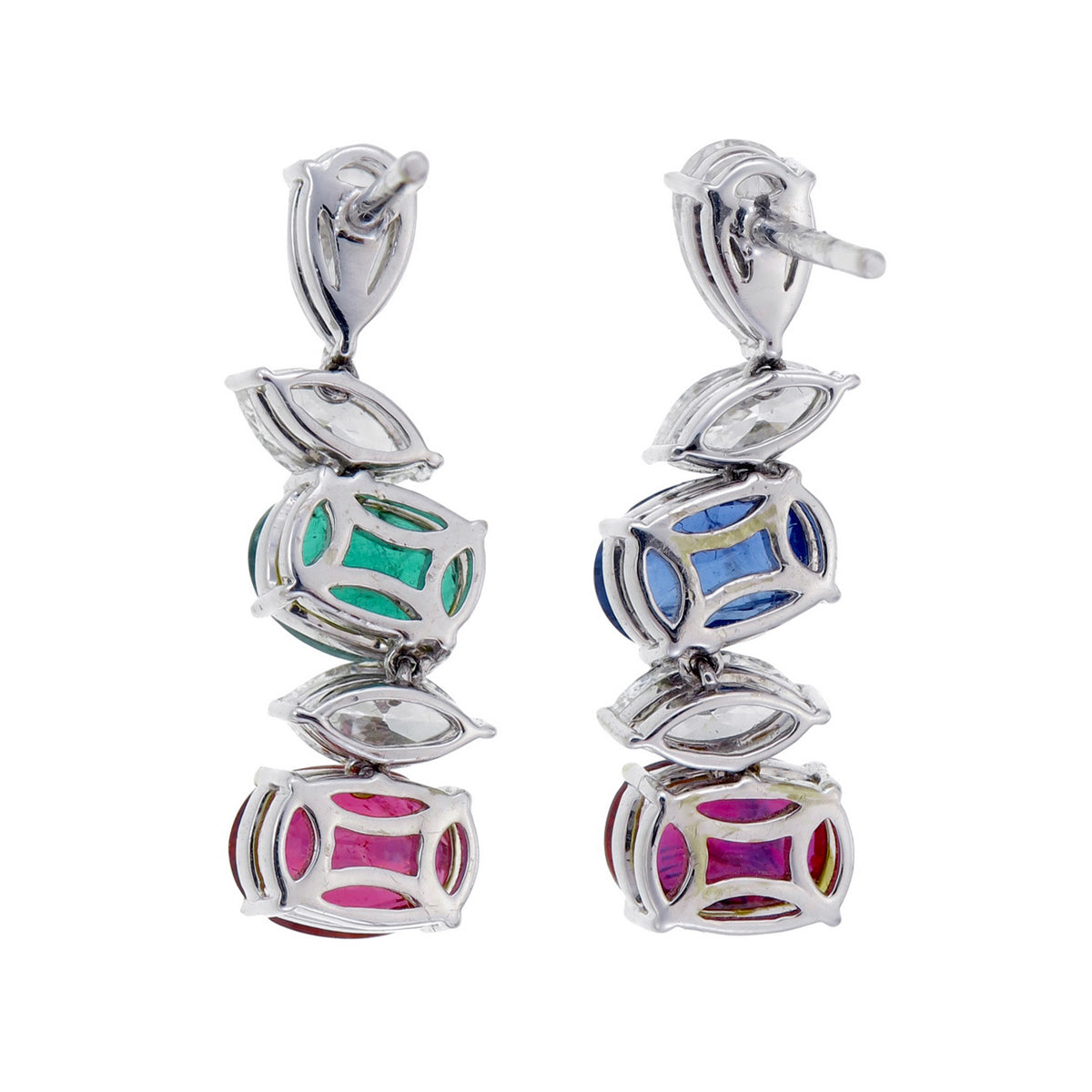 GRS Certified Burma Ruby Emerald Sapphire And Diamond Earrings In 18K WhiteGold