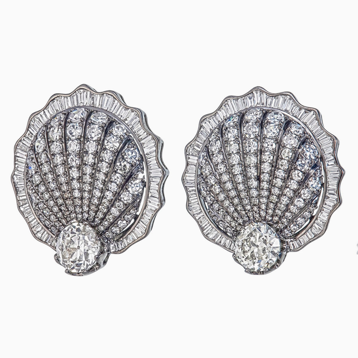 5.10 Carat Old Cut Diamond Shell Stud Earrings