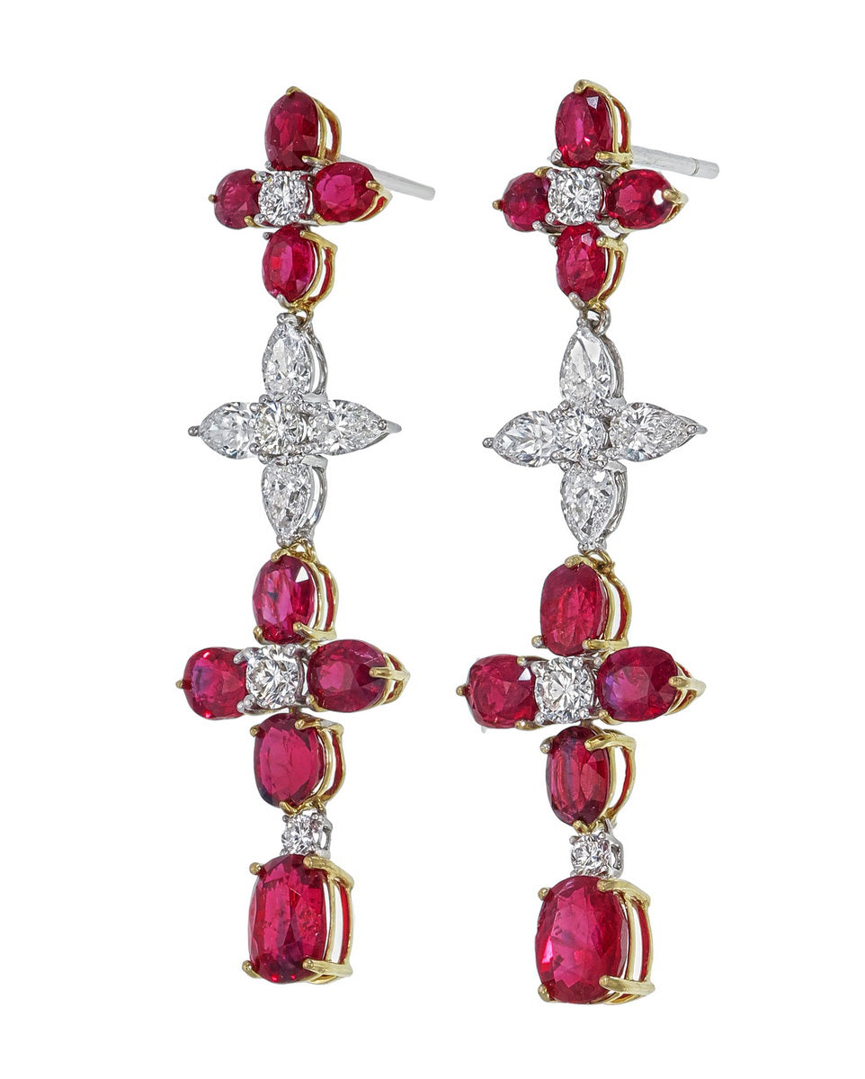 GRS Certified 7.37 Carat Burma No Heat Ruby and Diamond Chandelier Earrings