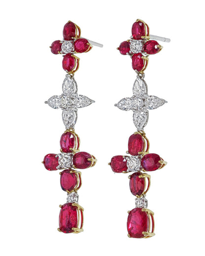 GRS Certified 7.37 Carat Burma No Heat Ruby and Diamond Chandelier Earrings