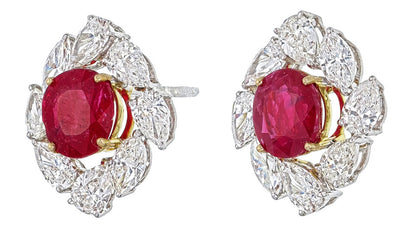 GRS Certified 2.12 Carat Burma No Heat Ruby Diamond Stud Earrings in 18K Gold