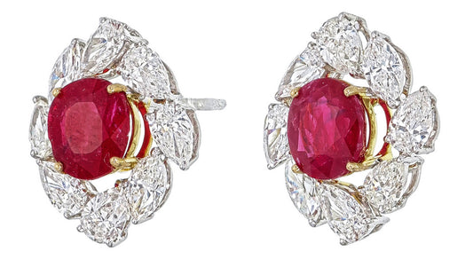 GRS Certified 2.12 Carat Burma No Heat Ruby Diamond Stud Earrings in 18K Gold