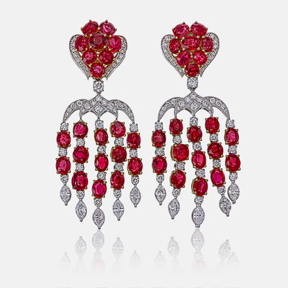 ICA Certified 15.28 Carat Burmese Unheated Ruby and Diamond Earring in 18K Gold