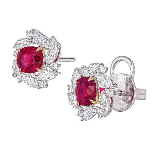 GRS Certified 2.06 Carat Burma Pigeon Blood No Heat Ruby Diamond Stud Earrings