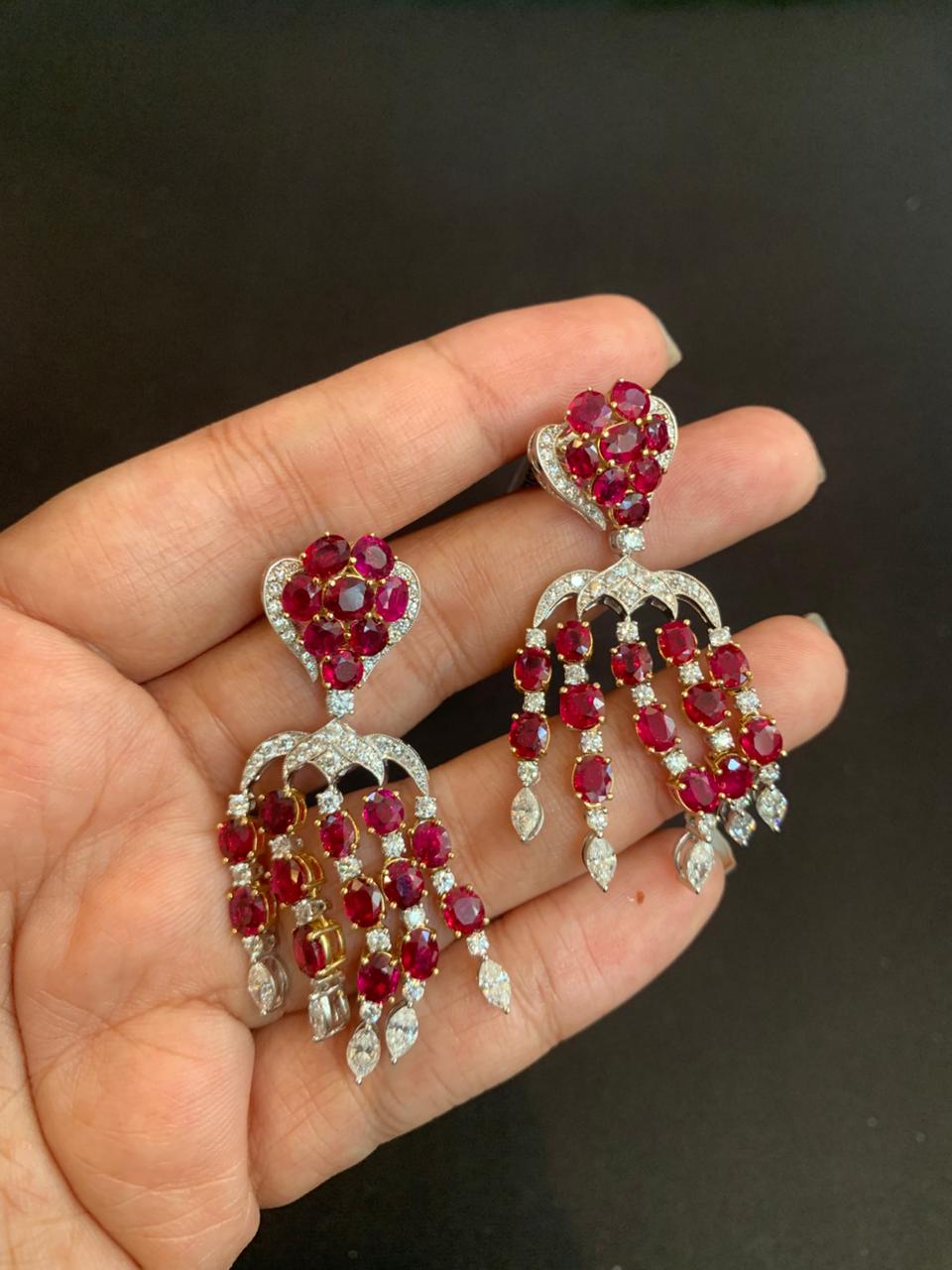 ICA Certified 15.28 Carat Burmese Unheated Ruby and Diamond Earring in 18K Gold