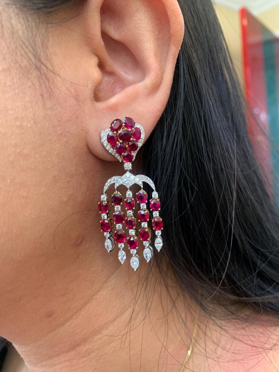 ICA Certified 15.28 Carat Burmese Unheated Ruby and Diamond Earring in 18K Gold