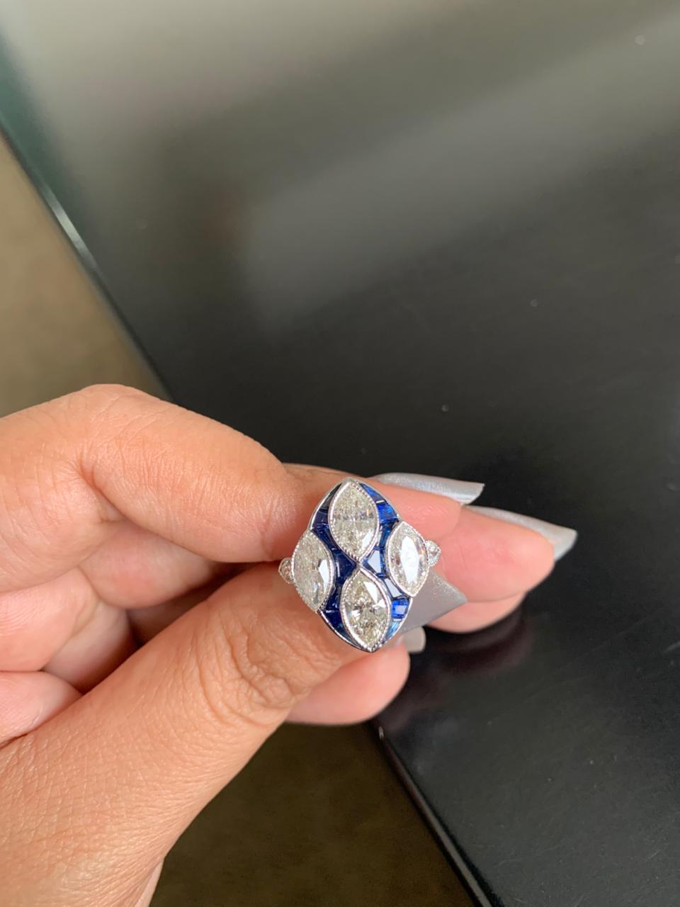 3.00 Carat Diamond And Blue Sapphire Ring In18 Karat White Gold