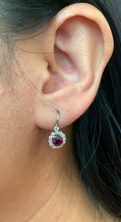 GRS Certified 2.05 Carat Burma Ruby Pigeon Blood And Diamond Earrings In 18K White Gold