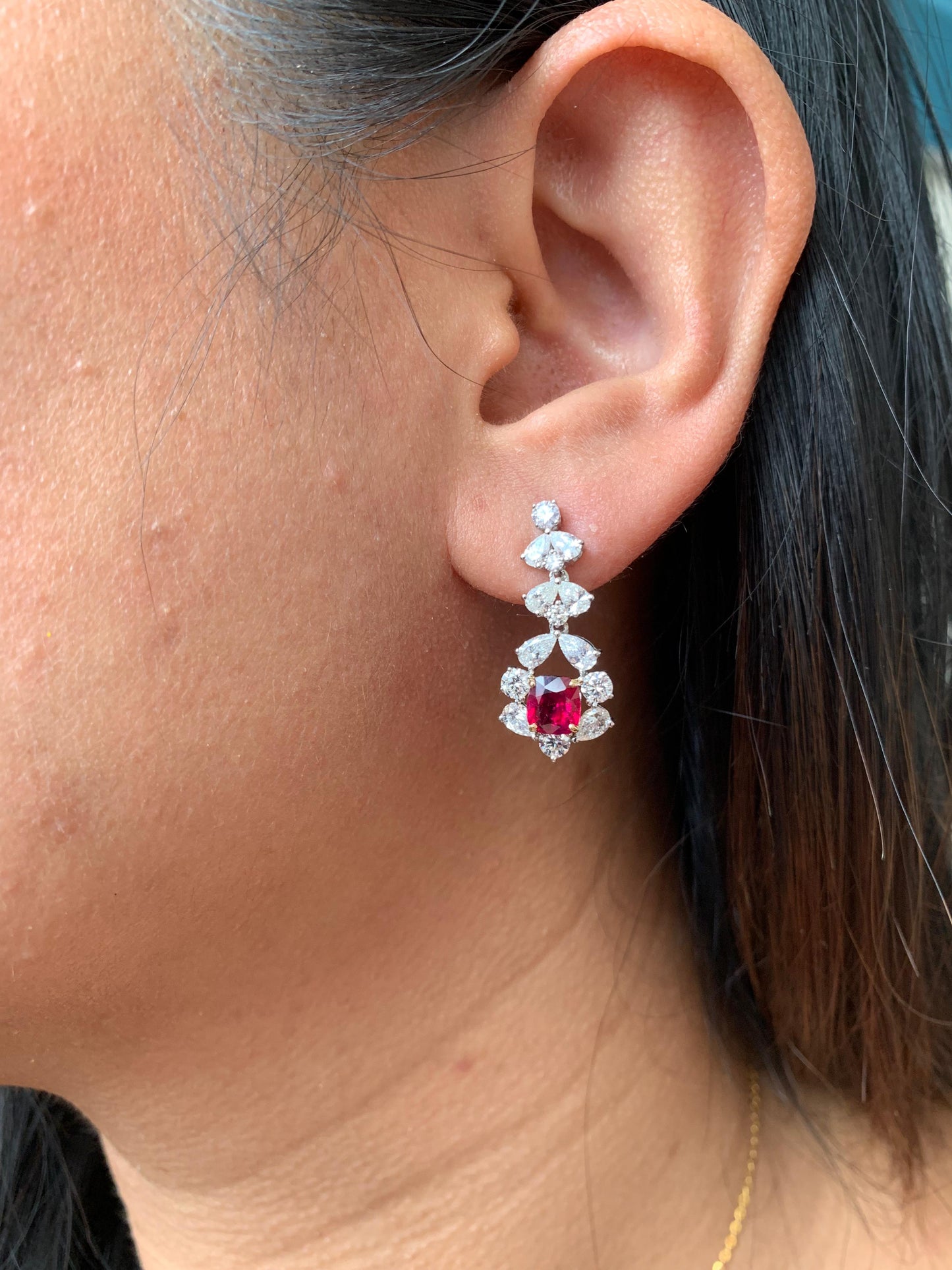 GRS Certified 2.16 Carat Burma Ruby Pigeon Blood And Diamond Earrings In 18K White Gold