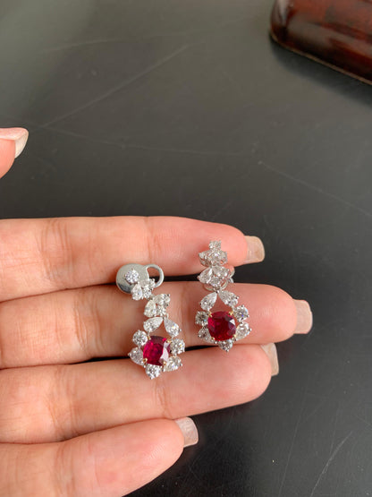 GRS Certified 2.16 Carat Burma Ruby Pigeon Blood And Diamond Earrings In 18K White Gold