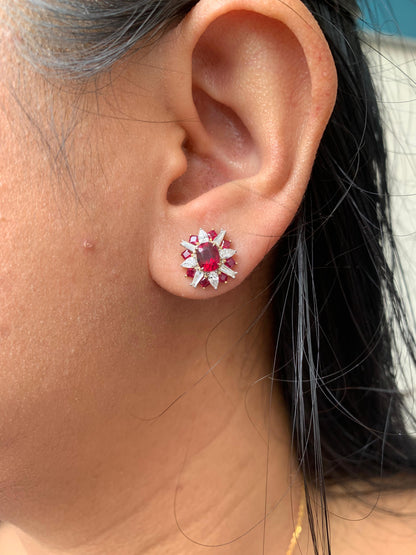 GRS Certified 2.88 Carat Burma Ruby Pigeon Blood And Diamond Earrings In 18k White Gold