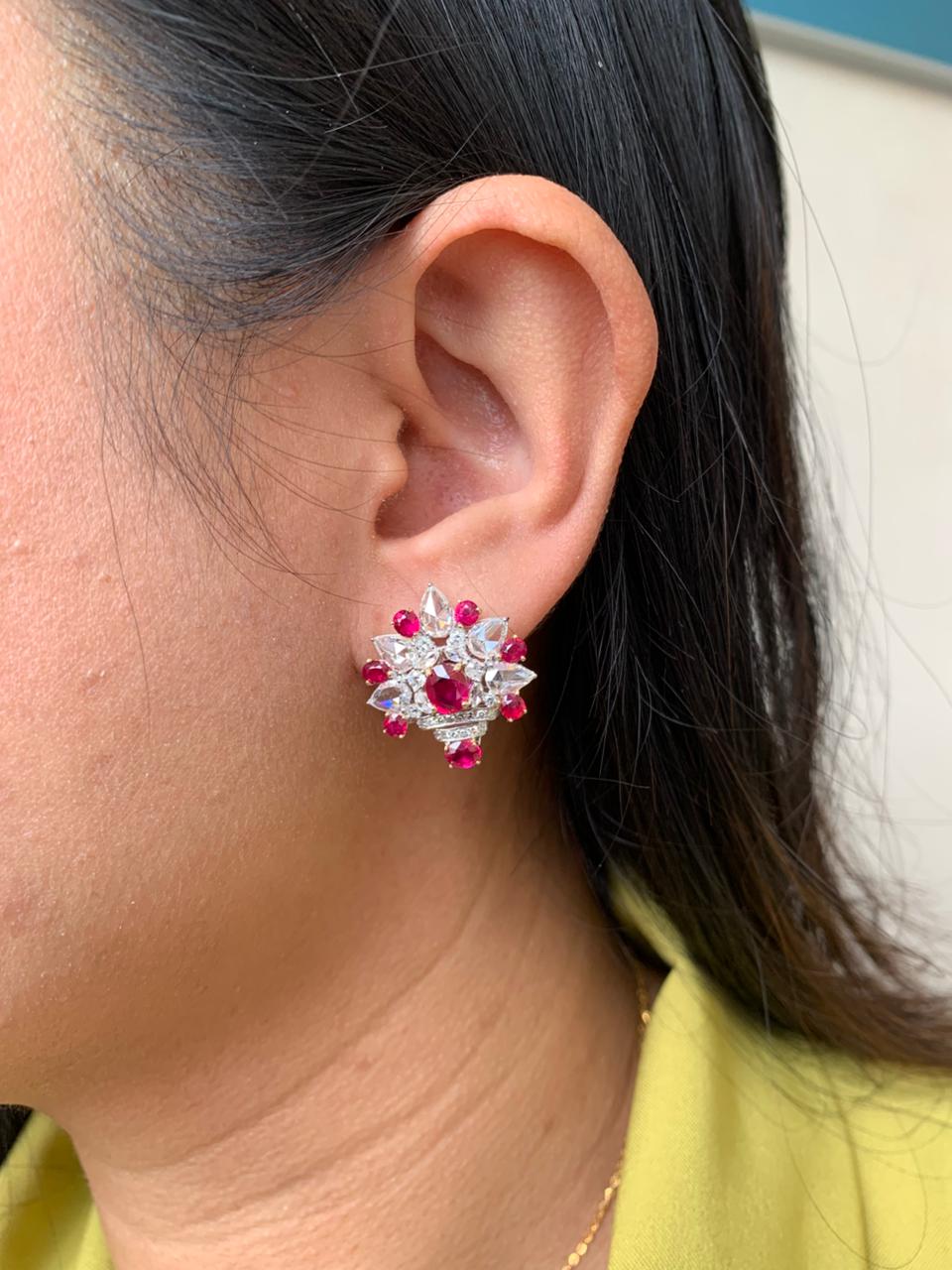 GRS Certified 4.71 Carat Burma Ruby Pigeon Blood And Diamond Earrings In 18k White Gold