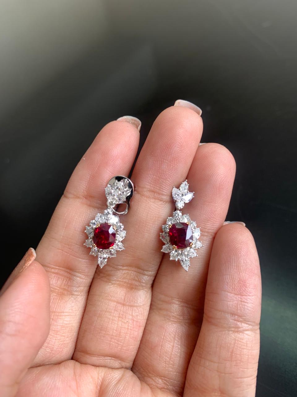 GRS Certified 2.44 Carat Burma Pigeon Blood Ruby And Diamond Earrings In 18 karat White Gold