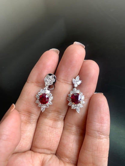 GRS Certified 2.44 Carat Burma Pigeon Blood Ruby And Diamond Earrings In 18 karat White Gold