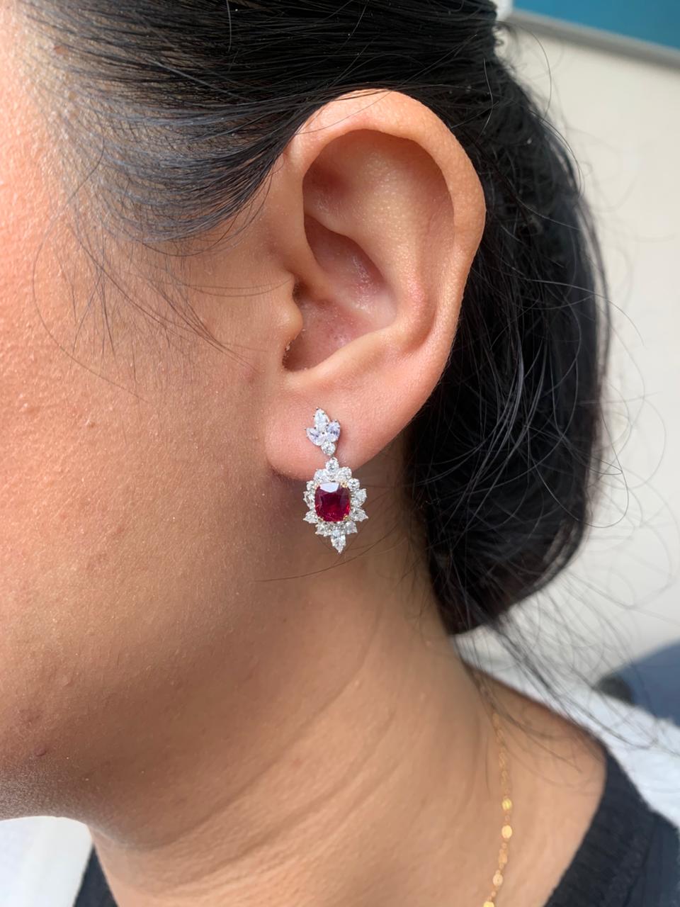 GRS Certified 2.44 Carat Burma Pigeon Blood Ruby And Diamond Earrings In 18 karat White Gold