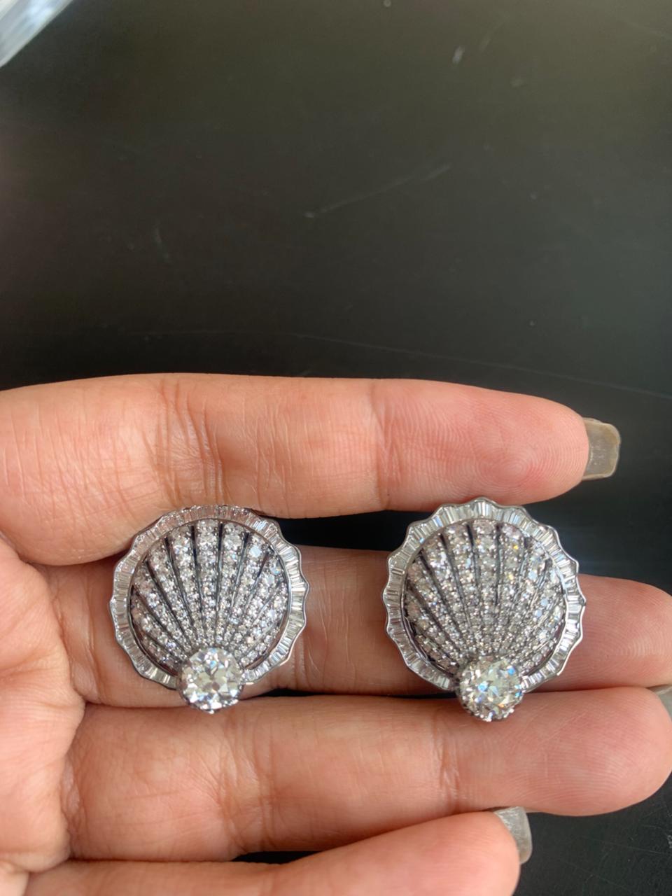 5.10 Carat Old Cut Diamond Shell Stud Earrings