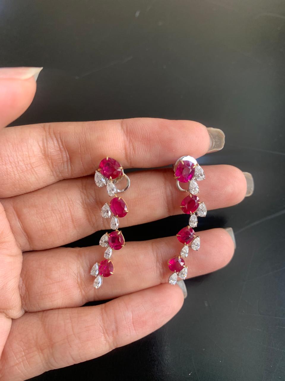 GRS Certified 5.80 Carat Burma No Heat Ruby and Diamond Dangling Earrings