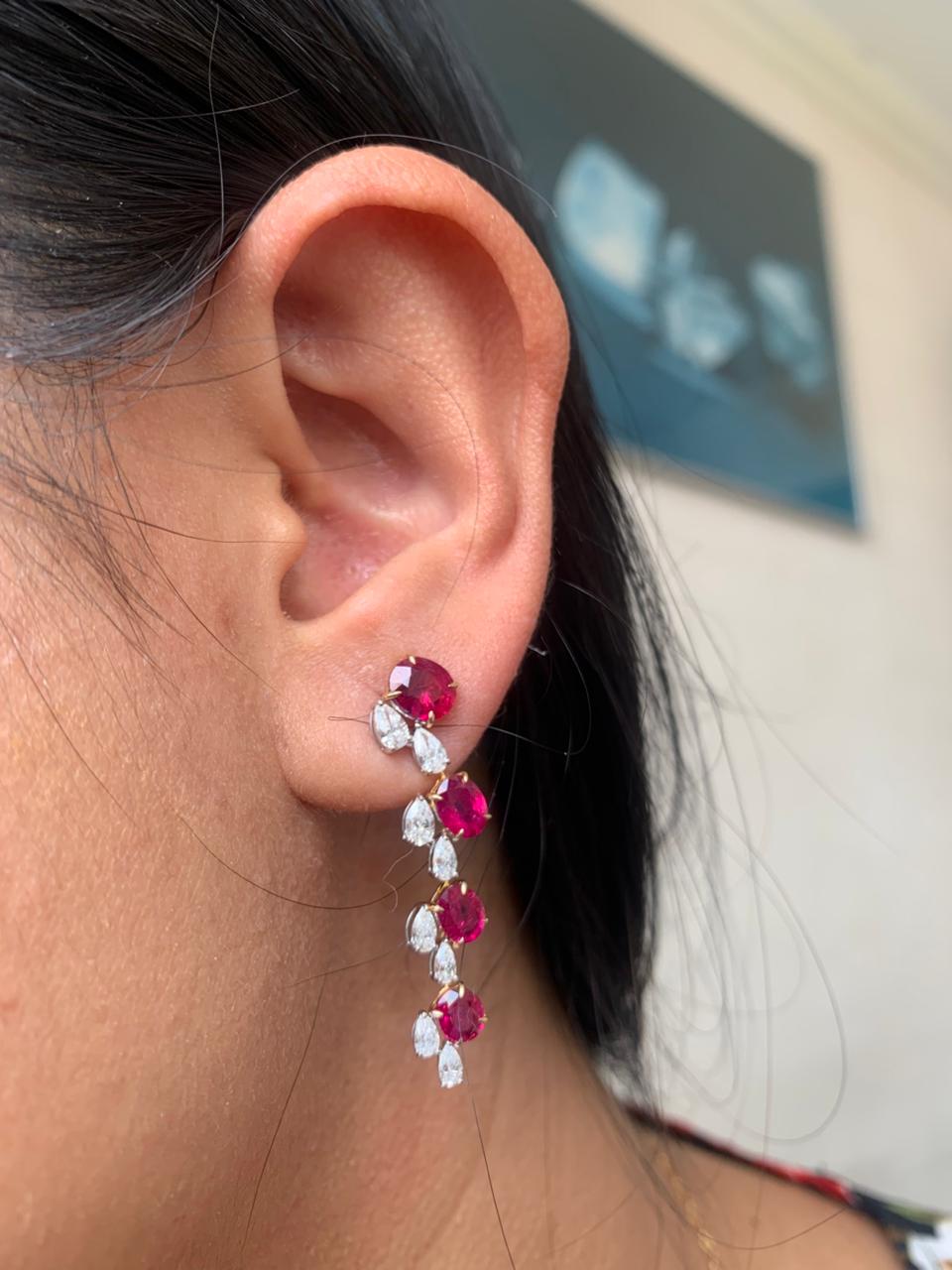 GRS Certified 5.80 Carat Burma No Heat Ruby and Diamond Dangling Earrings